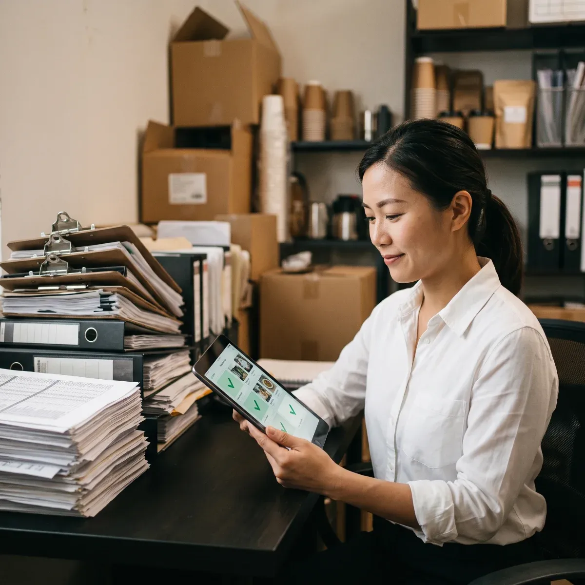 A store manager smiles at passed audits on a tablet, next to stacks of paper checklists and binders.