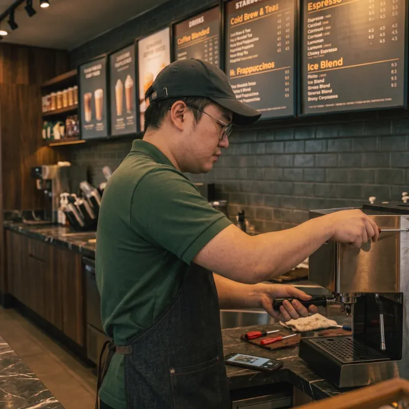 A barista services the espresso machine to close a corrective action.