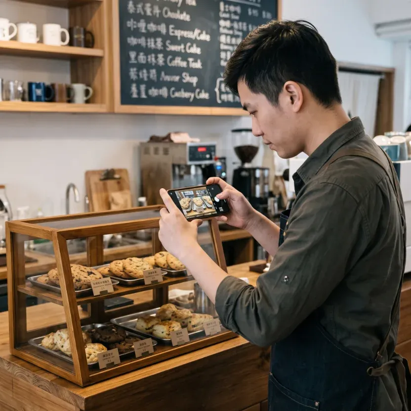 A café staff member photographs the pastry display as evidence for the opening checklist.
